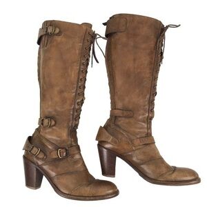 Belstaff Brown Leather Knee-High Combat Moto Boots